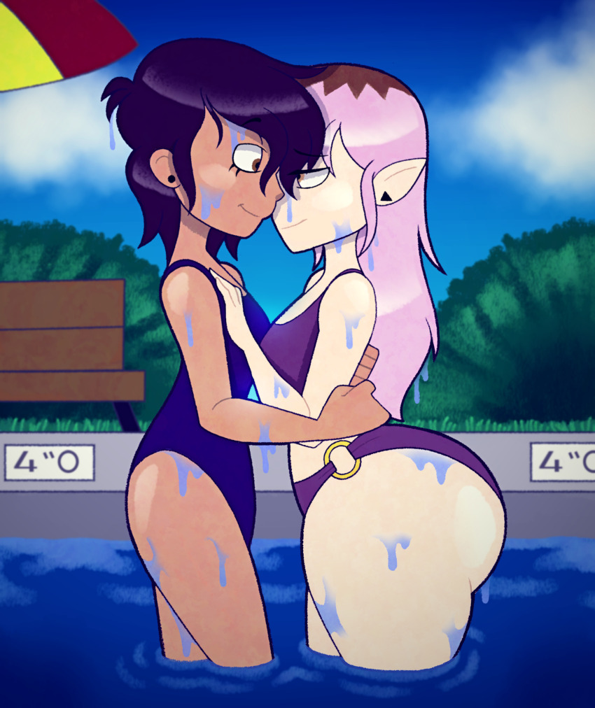 absurdres amity_blight bikini brown_eyes eye_contact highres looking_at_another luz_noceda pool swimming swimsuit the_owl_house tonyneely wet yellow_eyes