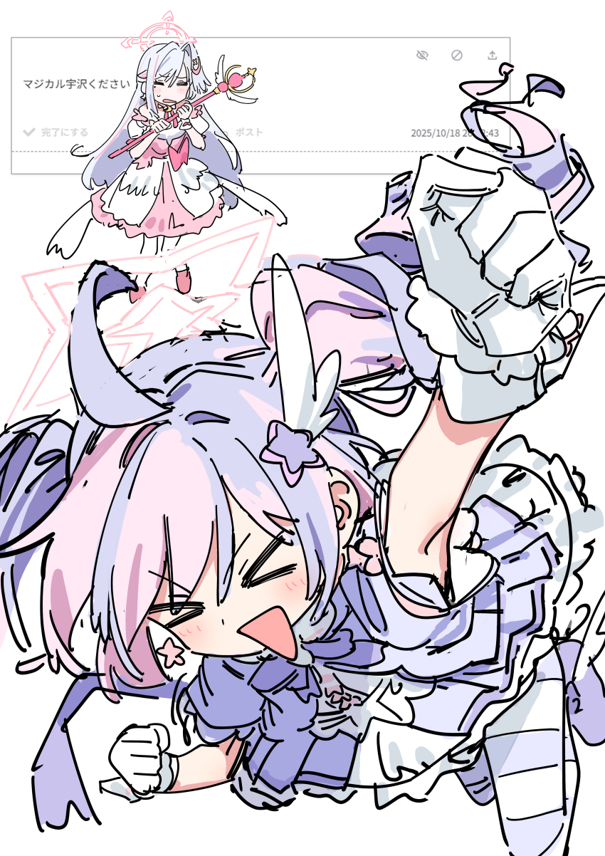 &gt;_&lt; 2girls absurdres ahoge alternate_costume bare_shoulders blue_archive blue_hair blush bow bowtie breasts clenched_hand clenched_hands closed_eyes cosplay curly_hair detached_sleeves dress drill_hair earrings floating_clothes full_body gloves hair_between_eyes hair_ornament hair_over_one_eye halo hand_up haruyuki_(gffewuoutgblubh) highres holding holding_staff holding_wand jewelry large_breasts logo long_hair looking_at_viewer magical_girl multicolored_hair multicolored_thighhighs multiple_girls open_mouth pink_bow pink_hair pink_halo pink_shoes puffy_short_sleeves puffy_sleeves purple_bow purple_bowtie purple_eyes purple_hair purple_shoes purple_thighhighs reisa_(blue_archive) reisa_(magical)_(blue_archive) shoes short_sleeves simple_background sketch smile staff star_(symbol) star_earrings star_hair_ornament star_halo strapless strapless_dress streaked_hair suzumi_(blue_archive) suzumi_(magical)_(blue_archive) sweat symbol_in_eye thighhighs triangle_mouth twintails two-tone_hair very_long_hair wand wavy_mouth white_background white_dress white_gloves white_hair white_thighhighs
