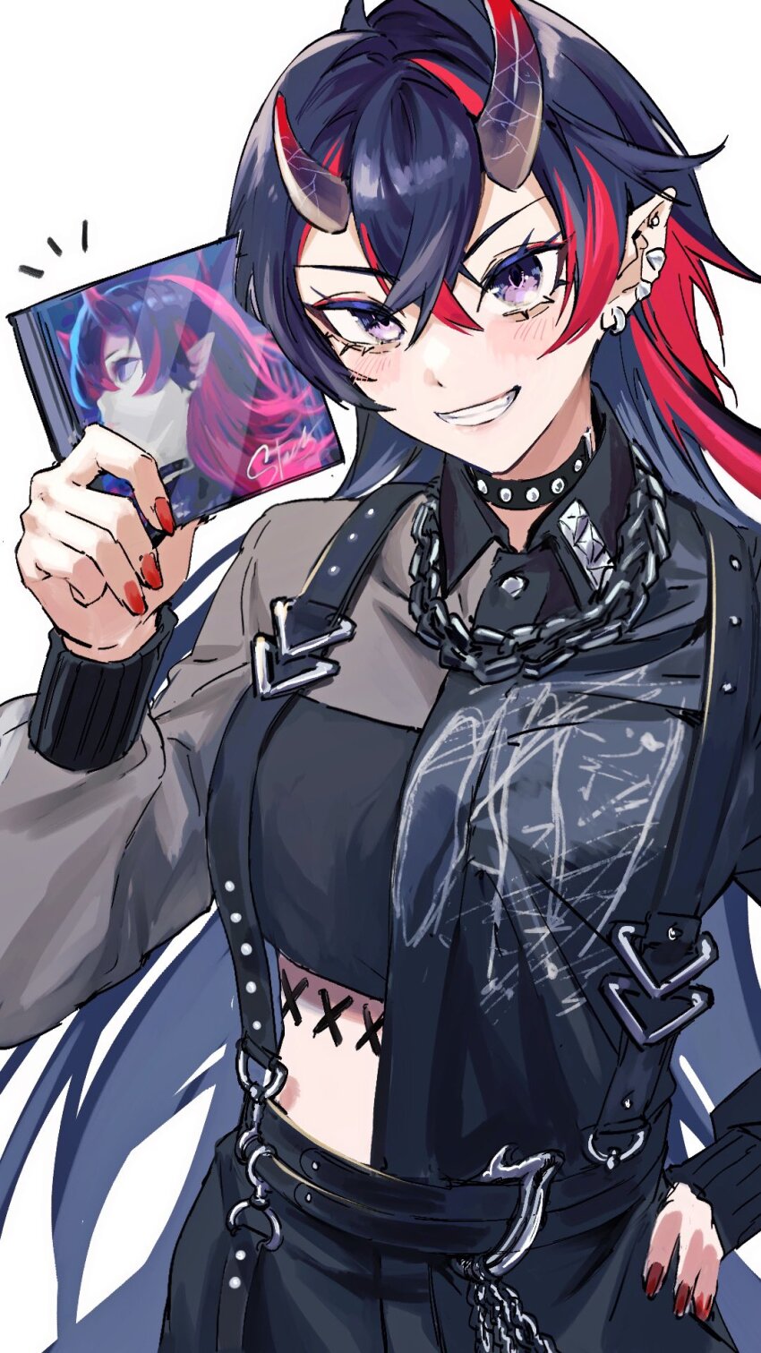 1girl asymmetrical_clothes asymmetrical_horns black_horns black_shirt black_skirt blush breasts commentary_request cowboy_shot crossed_bangs demon_girl demon_horns earclip fingernails gin_(tttetu123) grey_shirt grin hair_between_eyes highres holding_case horns long_hair long_sleeves looking_at_viewer medium_breasts multicolored_hair nanashi_inc. notice_lines pointy_ears purple_eyes red_hair red_horns red_nails ryugasaki_rene ryugasaki_rene_(4th_costume) shirt simple_background skirt smile solo studded_choker suspenders two-tone_hair v-shaped_eyebrows virtual_youtuber white_background