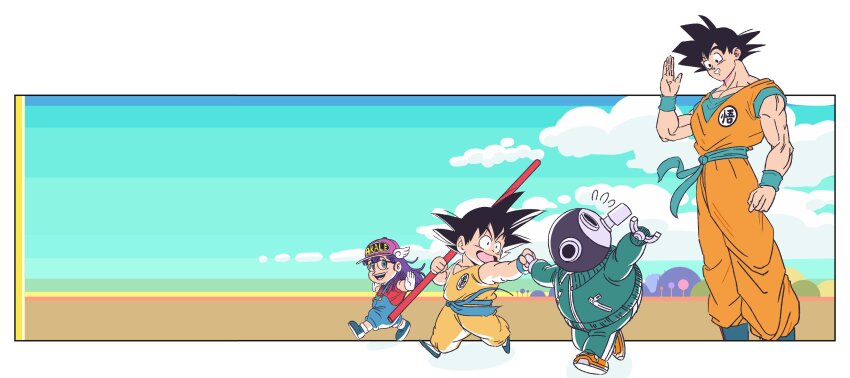 1girl 2boys absurdres aqua_jacket aqua_pants baseball_cap belt black_hair blue_belt blue_eyes blue_overalls cloud day dougi dr._slump dragon_ball dragonball_z glasses grandguerrilla hat highres holding_hands jacket long_hair looking_at_another multiple_boys muscular muscular_male norimaki_arale open_mouth outdoors overalls pants purple_hair red_shirt salute shirt short_hair sky smile son_goku spiked_hair sportswear teeth toriyama_akira_(character) winged_hat wristband