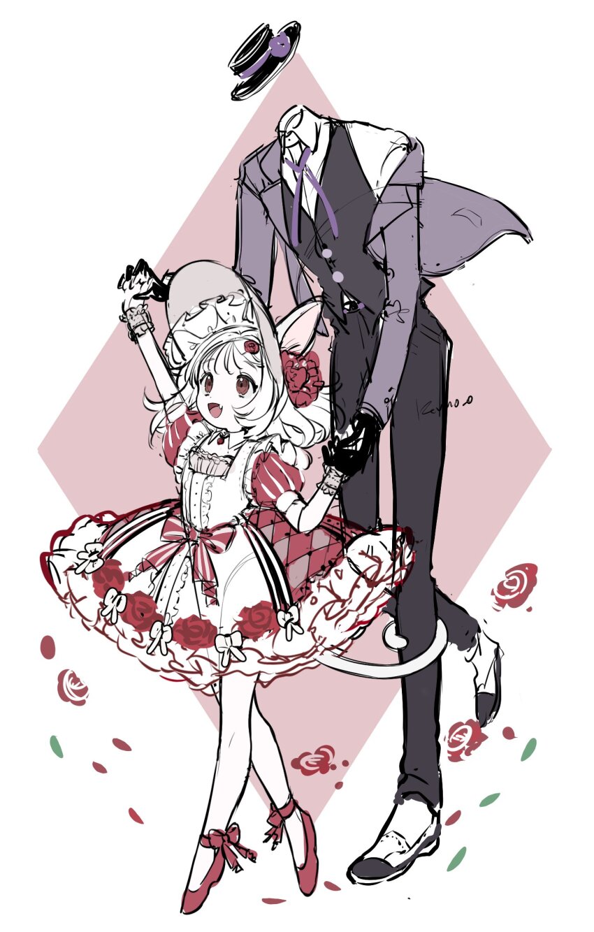 1girl arm_up artist_name black_footwear black_pants cat_tail dress flower formal_clothes hand_up height_difference highres holding_hands jikuno long_sleeves open_mouth original pants red_dress red_eyes red_footwear short_sleeves sketch suit tail two-tone_background white_background white_hair white_headwear