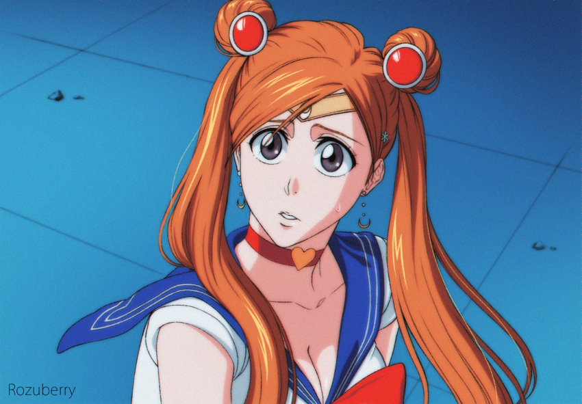 artist_name bishoujo_senshi_sailor_moon bleach breasts brown_hair choker collarbone cosplay earrings highres inoue_orihime jewelry looking_at_viewer orange_hair rozuberry sailor_moon sailor_moon_(cosplay) sailor_moon_redraw_challenge_(meme) twintails