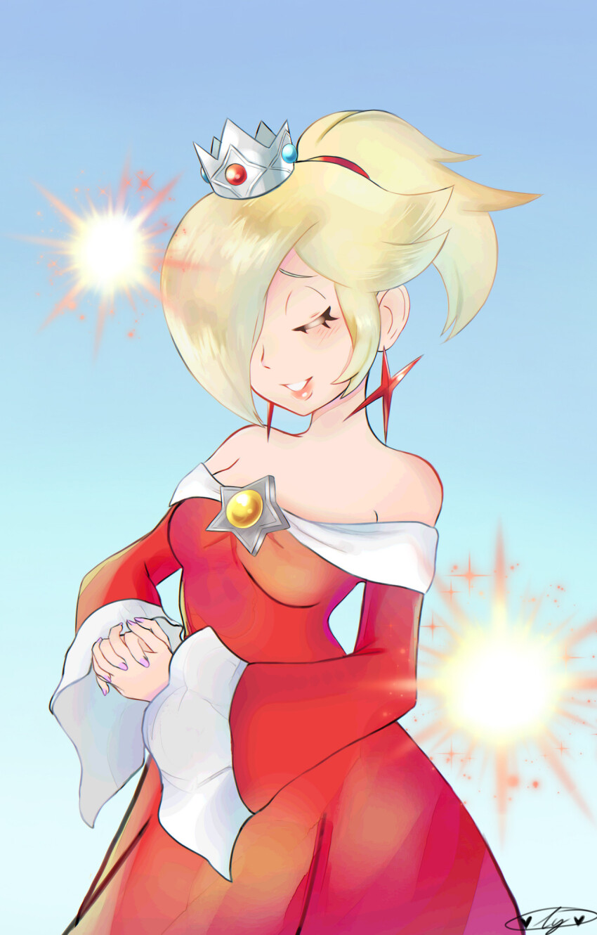 1girl bare_shoulders blonde_hair closed_eyes dress fire_rosalina highres krystalstar70 mario_(series) nail_polish nintendo own_hands_together ponytail red_dress rosalina signature solo super_mario_3d_world wide_sleeves
