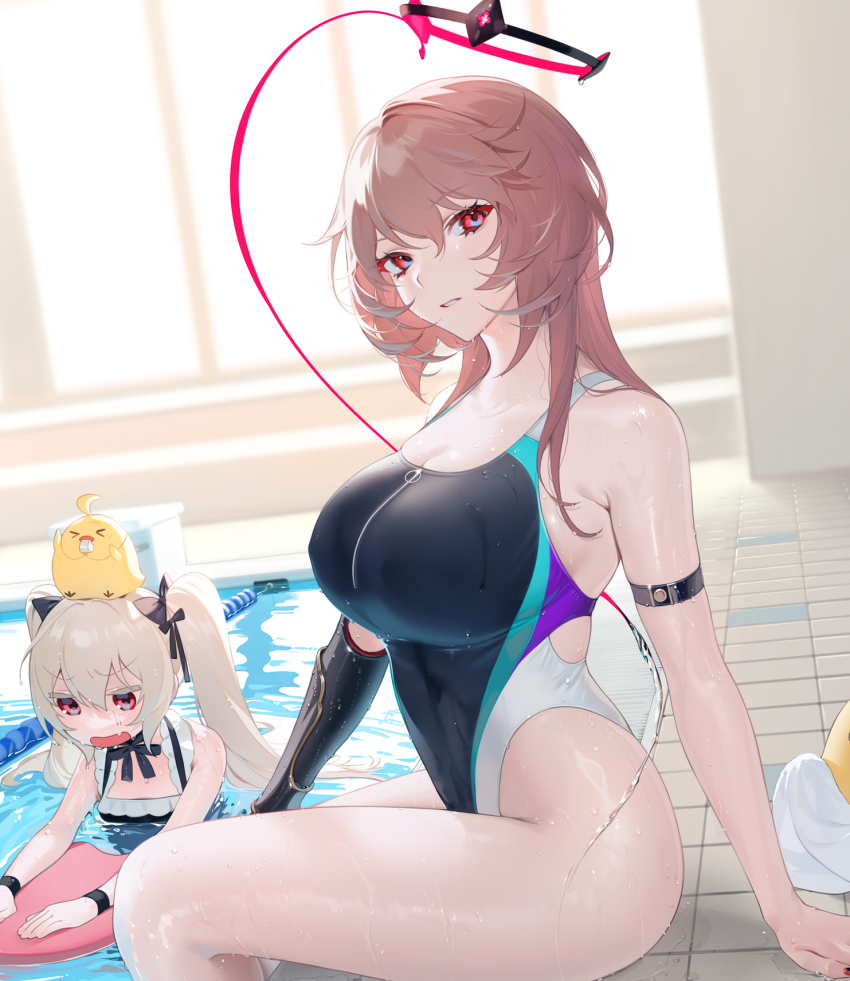 2girls arm_strap azur_lane black_bow black_one-piece_swimsuit blonde_hair bow breasts brown_hair cleavage collarbone competition_swimsuit creature_on_head duca_degli_abruzzi_(azur_lane) duca_degli_abruzzi_(lustrous_onyx_sirenetta)_(azur_lane) fang from_side hair_bow halo highres indoors large_breasts long_hair looking_at_viewer looking_to_the_side manjuu_(azur_lane) mechanical_arms multiple_girls official_alternate_costume ohisashiburi one-piece_swimsuit open_mouth paid_reward_available parted_lips partially_submerged pool prosthesis prosthetic_arm red_eyes single_mechanical_arm sitting skin_fang soaking_feet swimming swimsuit thighs tile_floor tiles twintails v-shaped_eyebrows valiant_(azur_lane) water wet whistle zipper