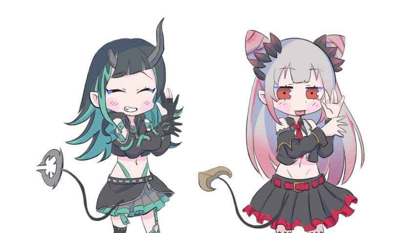 2girls asymmetrical_gloves belt belt_bra black_gloves black_hair black_jacket black_legwear black_skirt black_sleeves black_vest blue_belt blue_hair blue_panties blush chest_belt chibi closed_eyes clothing_cutout commentary_request cone_hair_bun cowboy_shot cropped_jacket cropped_vest cross-laced_clothes cross-laced_sleeves demon_girl demon_horns demon_tail detached_sleeves fang flat_chest frilled_skirt frills garter_straps gin_(tttetu123) gloves gradient_hair grey_hair grey_skirt grin hair_bun highleg highleg_panties honey_strap horns interlocked_fingers jacket layered_skirt long_hair long_sleeves midriff multicolored_hair multiple_girls nanashi_inc. navel necktie open_clothes open_jacket open_mouth open_vest panties partially_fingerless_gloves pink_hair pointy_ears red_belt red_eyes red_necktie shishio_chris shoulder_cutout single_thighhigh skirt smile sugar_lyric suou_patra suou_patra_(1st_costume) tail thighhighs tongue tongue_out two-tone_hair underwear vest virtual_youtuber zipper zipper_skirt