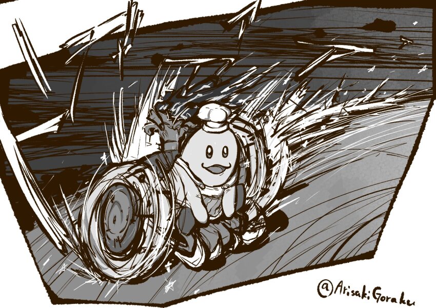 1boy 2025 :3 appron arisakigoraku artist_name battle_chariot_star border chef_hat chef_kawasaki commentary drifting exhaust full_body gameplay_mechanics happy hat highres japanese_text kirby_(series) kirby_air_ride kirby_air_riders male_focus monochrome motion_lines motor_vehicle nintendo open_mouth riding speed_lines