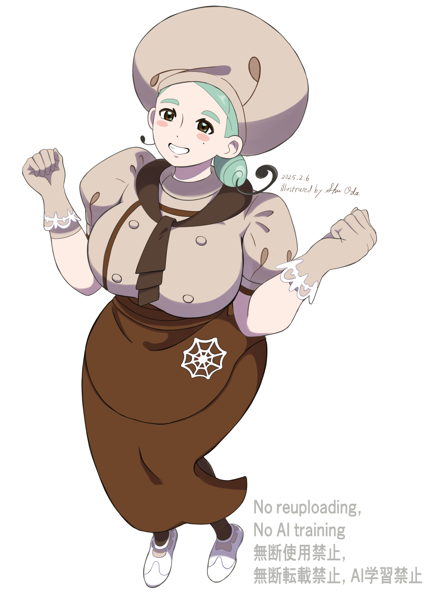 1girl absurdres apron black_eyes blush_stickers breasts brown_apron brown_skirt buttons chinese_text clenched_hands commentary_request dated full_body gloves green_hair grin hands_up happy hat highres katy_(pokemon) looking_up mole mole_on_cheek nintendo pokemon pokemon_sv shirt shoes short_sleeves shu_oda signature simple_background skirt smile socks solo standing teeth waist_apron watermark white_background white_shoes