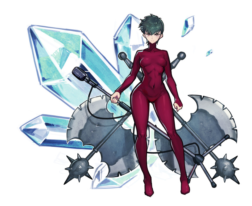1girl absurdres axe battle_axe bodysuit breasts bright_pupils brown_eyes closed_mouth commentary_request covered_navel crystal frown full_body genderswap genderswap_(mtf) getter_robo gou_saotome green_hair hanahiyo_(hoimin) highres holding holding_microphone_stand looking_at_viewer mace microphone microphone_stand purple_bodysuit shin_getter_robo short_hair simple_background small_breasts solo spiked_mace spikes toned toned_female weapon white_background white_pupils