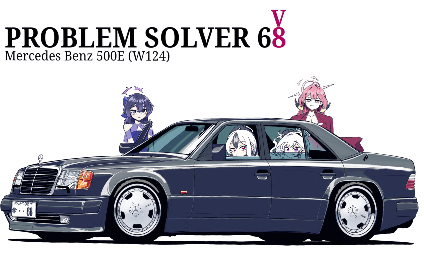 4girls alternate_costume aru_(blue_archive) aru_(dress)_(blue_archive) bare_shoulders black_hair black_hairband black_horns blue_archive blue_bow bow brown_eyes brown_horns car coat coat_on_shoulders commentary demon_horns dress earclip english_commentary english_text grey_halo hair_between_eyes hair_bow hair_ornament hairband halo haruka_(blue_archive) haruka_(dress)_(blue_archive) highres horns kayoko_(blue_archive) kayoko_(dress)_(blue_archive) license_plate long_hair medium_hair mercedes-benz mercedes-benz_500_e mercedes-benz_w124 mole mole_on_neck motor_vehicle multicolored_hair multiple_girls mutsuki_(blue_archive) mutsuki_(dress)_(blue_archive) official_alternate_costume orange_eyes orange_halo pink_hair pink_halo pointy_ears problem_solver_68_(blue_archive) purple_car purple_eyes purple_hair purple_halo ribbon ricd0m shadow side_ponytail simple_background sleeveless sleeveless_dress streaked_hair two-tone_hair wavy_ends white_background white_hair