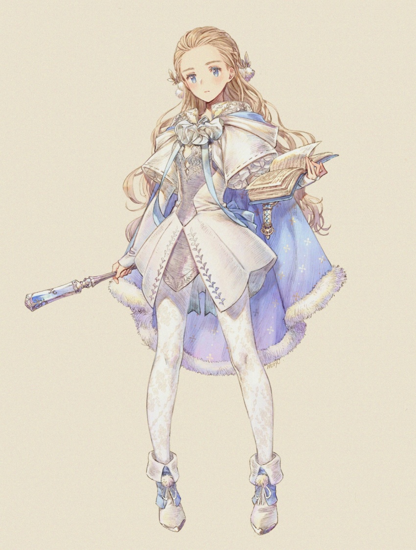1girl blonde_hair blue_cape blue_eyes book boots cape closed_mouth commentary_request dress expressionless eyelashes floral_print footwear_ribbon frilled_sleeves frills full_body fur-trimmed_cape fur_trim hair_ornament highres holding holding_book holding_wand laurel_crown layered_sleeves light_blush long_hair long_sleeves looking_at_viewer moryo open_book original pantyhose pom_pom_(clothes) pom_pom_hair_ornament ribbon ribbon-trimmed_sleeves ribbon_trim short_over_long_sleeves short_sleeves simple_background sleeves_past_wrists solo wand white_boots white_dress white_pantyhose white_ribbon white_sleeves yellow_background