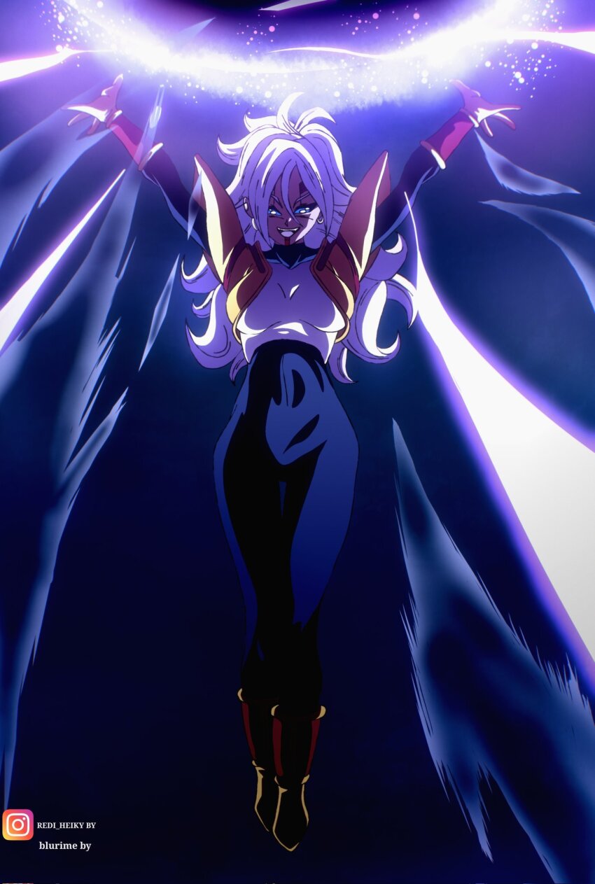 1girl 22_blurime alternate_costume alternate_eye_color alternate_hair_color android_21 arms_up artist_name baby_(dragon_ball) blue_eyes bodysuit breasts commentary corruption dark_persona death_ball_(technique) dragon_ball dragon_ball_fighterz dragon_ball_gt earrings energy energy_ball english_commentary english_text evil_smile facial_mark facial_tattoo floating glowing highres incoming_attack jewelry long_hair looking_down no_pupils open_mouth outstretched_arms possessed possession redi_heiky smile super_baby_2 tattoo toei_animation white_hair