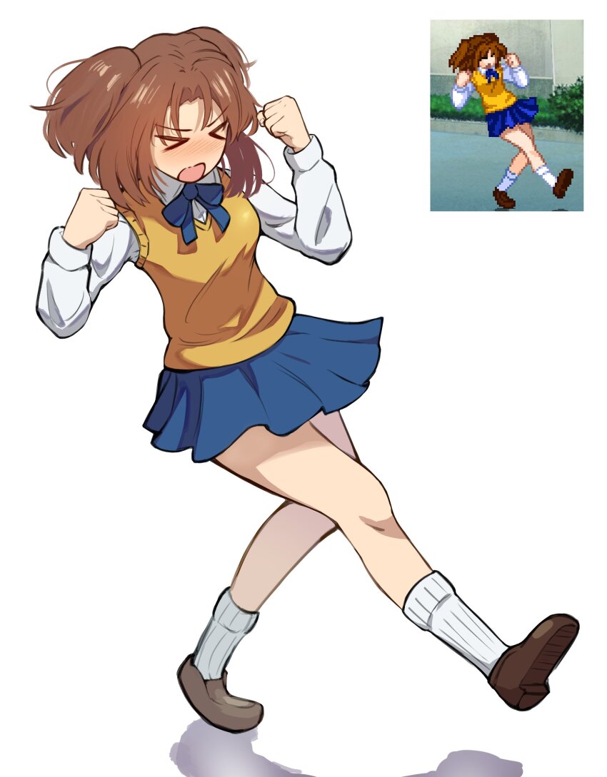 1girl absurdres blue_skirt blush breasts brown_hair closed_eyes derivative_work highres long_sleeves melty_blood photo-referenced pleated_skirt school_uniform screenshot_redraw shirt short_hair skirt solo sweater_vest tsukihime twintails two_side_up vinsycal walking white_background yumizuka_satsuki