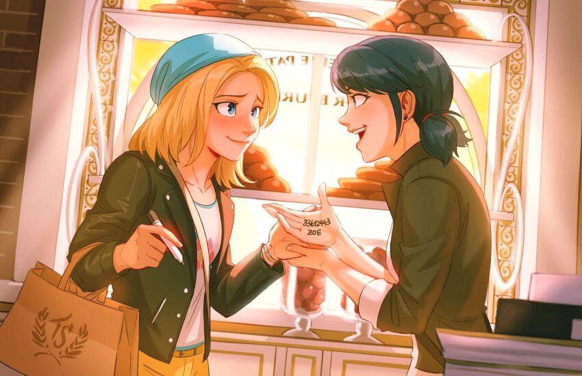 2girls bag black_hair black_jacket blonde_hair blue_eyes blue_hat blush chalseu chocolate closed_mouth earrings hair_between_eyes hat highres holding holding_pen jacket jewelry long_hair low_twintails marinette_dupain-cheng miraculous_ladybug multiple_girls open_mouth pants pen shirt smile twintails white_shirt yellow_pants zoe_lee