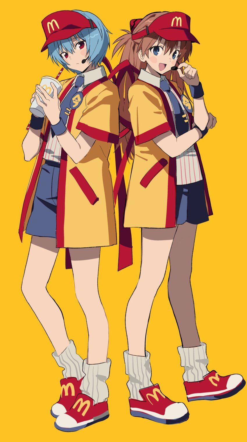 2girls :d ayanami_rei back_bow badge betti_(xx_betti) blue_eyes blue_hair blue_necktie blue_shorts blue_skirt bow brown_hair button_badge closed_mouth collared_shirt cosplay cup disposable_cup drinking_straw employee_uniform fast_food_uniform frown full_body hair_between_eyes headset highres holding holding_cup imadake_dabuchi_tabemi imadake_dabuchi_tabemi_(cosplay) long_hair long_legs looking_at_viewer mcdonald&#039;s multiple_girls necktie neon_genesis_evangelion open_happi open_mouth pinstripe_pattern pinstripe_shirt red_bow red_eyes red_footwear red_visor shirt shoes short_hair short_sleeves shorts simple_background skirt smile souryuu_asuka_langley standing striped_clothes striped_shirt tie_clip two_side_up vertical-striped_clothes vertical-striped_shirt visor_cap white_shirt wing_collar wristband yellow_background yellow_happi