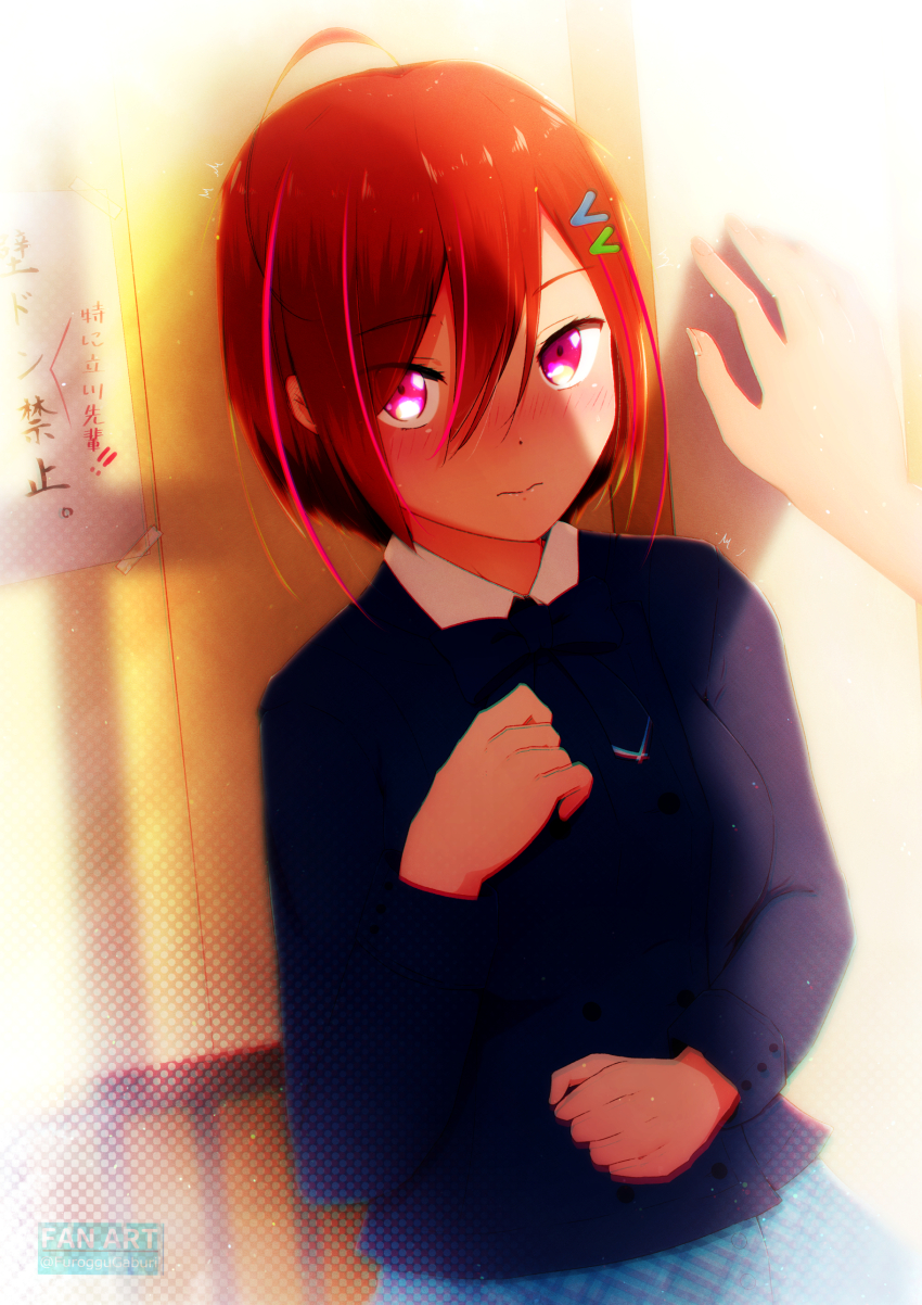 1girl 22/7 absurdres ahoge artist_name black_bow black_bowtie blue_dress blue_jacket blush bow bowtie brown_eyes closed_mouth dress evening furoggu-gaburi hair_between_eyes hair_ornament hairclip highres himuro_mizuki jacket kabedon long_sleeves looking_at_viewer multicolored_hair orange_hair pink_hair plaid_clothes plaid_dress shampoo_no_nioi_ga_shita short_hair shy