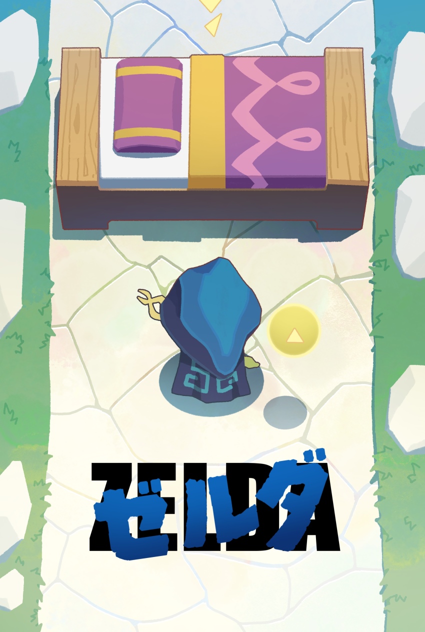 1girl absurdres akira_(manga) akira_movie_poster bed black_cloak brick_road cloak from_above grass highres hood hooded_cloak nintendo outdoors parody princess_zelda staff the_legend_of_zelda the_legend_of_zelda:_echoes_of_wisdom tri_(zelda) x.x.d.x.c