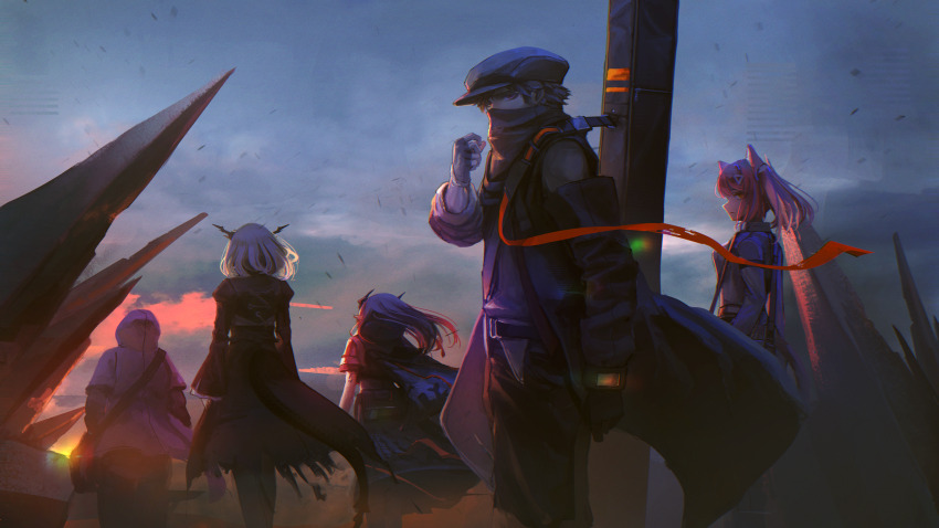 absurdres animal_ear_fluff animal_ears arknights bandana black_dress black_jacket black_pants breasts brown_hair newsboy_cap character_request cloud cloudy_sky dress fingerless_gloves gloves grey_gloves grey_hat hand_up hat highres hood hood_up hooded_jacket horns jacket juliet_sleeves kusami_toka_naku_au long_sleeves looking_at_viewer medium_breasts outdoors pants pink_hair puffy_sleeves red_(npc)_(arknights) red_eyes red_hair shirt sky sunset tail talulah_(arknights) torn_clothes torn_dress twintails white_hair white_jacket white_shirt