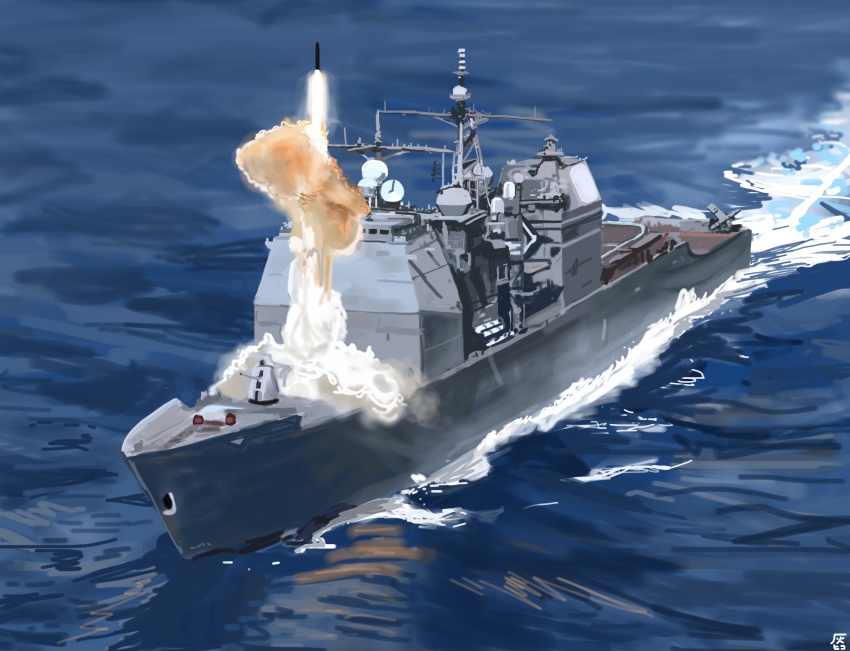 5-inch/54-caliber_mark_45_gun cruiser derivative_work hai_to_hickory highres mark_158_vertical_launching_system mark_41_vertical_launching_system military military_vehicle missile no_humans original ship smoke smoke_trail ticonderoga-class vertical_launching_system warship watercraft