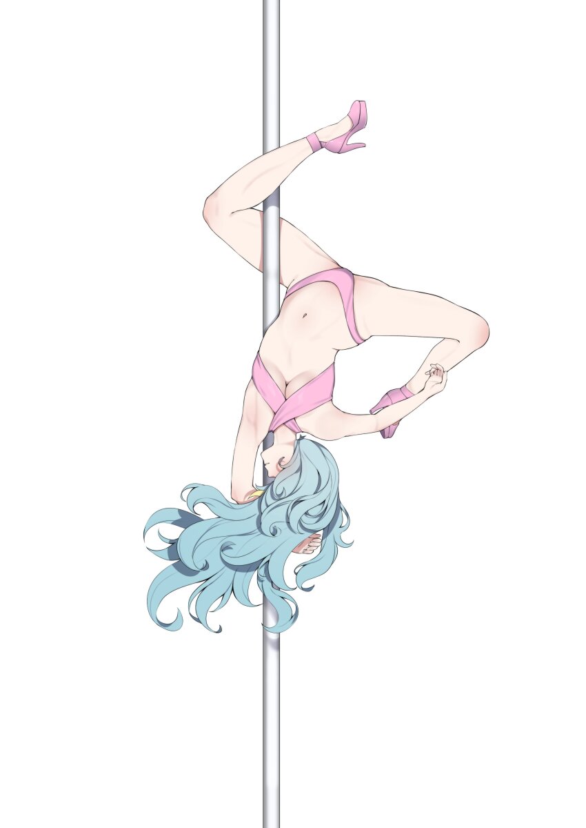 1girl absurdres blonde_hair blue_hair breasts hair_over_eyes high_heels highres kaminari_clara long_hair multicolored_hair navel phase_connect pink_shoes pole shadow shoes solo stomach streaked_hair stripper_pole upside-down valefal_coneri virtual_youtuber