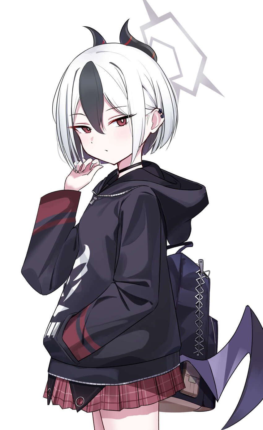 1girl absurdres black_hair blue_archive closed_mouth cowboy_shot demon_wings grey_halo hair_between_eyes halo highres kayoko_(blue_archive) long_sleeves red_eyes short_hair simple_background single_wing solo wasi white_background white_hair wings