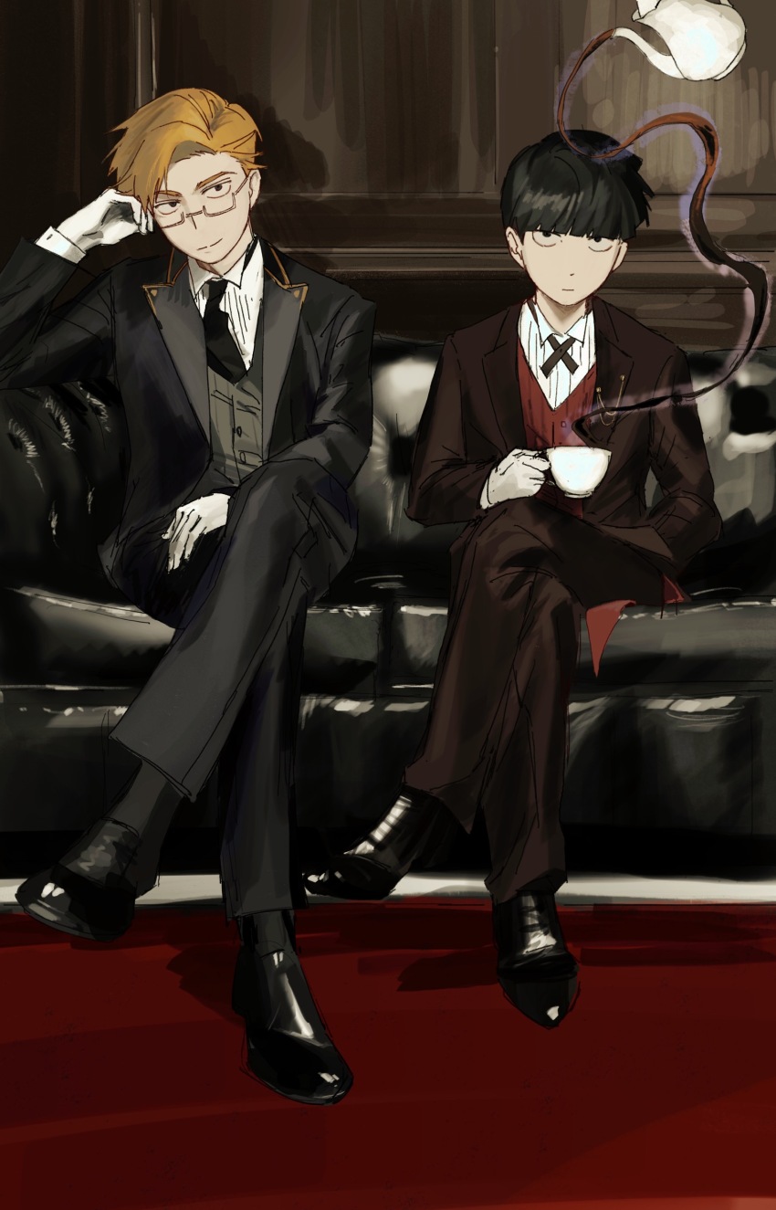 2boys absurdres alternate_costume baobing black_boots black_eyes black_hair black_jacket black_necktie black_pants black_shoes blonde_hair boots brown_jacket brown_pants buttons chinese_commentary closed_mouth collared_shirt commentary_request couch cross_tie crossed_legs cup expressionless glasses gloves grey_vest highres holding holding_cup indoors jacket kageyama_shigeo lapels magic male_focus mob_psycho_100 multiple_boys necktie notched_lapels on_couch open_clothes open_jacket pants red_vest reigen_arataka sanpaku semi-rimless_eyewear shirt shoes short_hair sitting smile teapot telekinesis vest white_gloves white_shirt