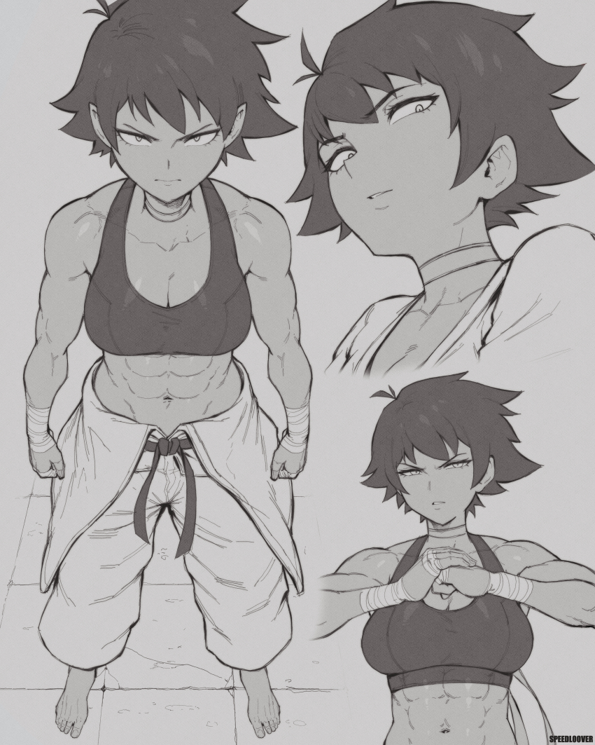 1girl absurdres barefoot breasts capcom cleavage cracking_knuckles female_focus full_body highres looking_at_viewer makoto_(street_fighter) medium_breasts monochrome muscular muscular_female navel scarf short_hair solo speedl00ver street_fighter