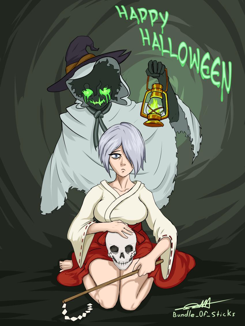 1boy 1girl absurdres asymmetrical_bangs barefoot boku_no_hero_academia breasts bundle_of_sticks clenched_hand collarbone english_text expressionless eyelashes feet female_focus fingernails ghost ghost_pose grey_eyes hair_over_one_eye halloween halloween_costume hand_up happy_halloween hat highres holding holding_lantern holding_skull japanese_clothes kimono kneeling lantern legs looking_at_viewer matching_hair/eyes medium_breasts medium_hair midoriya_izuku miko neck no_bra obi sash sidelocks silver_hair skull standing thighs toenails toes traditional_clothes wide_sleeves witch_hat yanagi_reiko