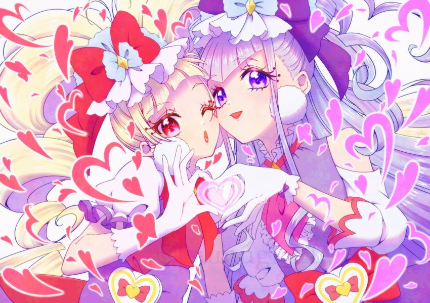 2girls :d :o aisaki_emiru ascot blonde_hair bow bowtie cheek-to-cheek clothing_cutout cure_amour cure_macherie dress drill_hair earrings eyelashes gloves hair_bow heads_together heart heart_hands heart_hands_duo heart_in_heart_hands highres hugtto!_precure jewelry lipstick long_hair magical_girl makeup multiple_girls open_clothes open_mouth pink_ascot pleated_collar pom_pom_(clothes) pom_pom_earrings precure puffy_short_sleeves puffy_sleeves purple_bow purple_dress purple_eyes red_bow red_bowtie red_hair red_lips ruru_amour short_sleeves shoulder_cutout smile tareme three-quarter_sleeves tsumugi_ll twin_drills two_side_up upper_body v-bangs white_gloves winking_(animated) wispy_bangs