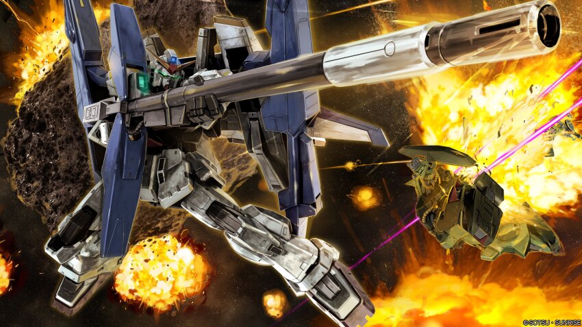 absurdres aeug aiming asteroid battle beam_cannon copyright_logo damaged debris energy_beam explosion glowing glowing_eyes green_eyes gundam gundam_battle_operation_2 gundam_mk_ii highres hizack machinery mecha mecha_focus mobile_suit no_humans official_art painting_(medium) realistic robot scan science_fiction shield shoulder_spikes space spikes sunrise_(company) super_gundam tenjin_hidetaka titans_(gundam) traditional_media v-fin zeta_gundam