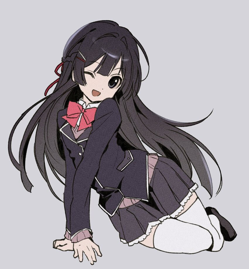 1girl :d black_eyes black_hair black_jacket black_skirt blazer bow bowtie braid collared_shirt deezydays grey_background hair_ornament hair_ribbon hairclip half_up_braid highres jacket lapels long_hair looking_at_viewer miniskirt nijisanji one_eye_closed open_mouth parallel_hairclips pleated_skirt red_bow red_bowtie ribbon shirt simple_background sitting sitting_sideways skirt smile solo thighhighs tsukino_mito tsukino_mito_(1st_costume) virtual_youtuber white_thighhighs