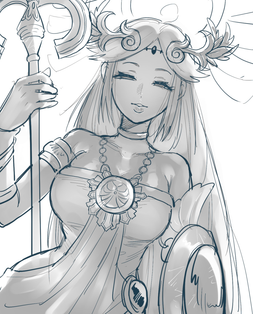 1girl arm_shield breasts chain circlet collarbone dancho_no_mori dutch_angle greyscale half-closed_eyes highres holding holding_staff jewelry kid_icarus kid_icarus_uprising large_breasts looking_at_viewer monochrome nintendo palutena parted_lips pendant solo staff