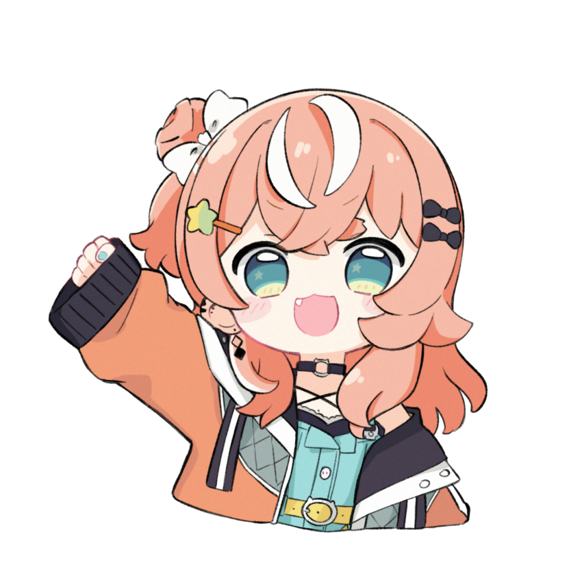 1girl :d black_bow blue_dress blue_eyes blue_nails blush_stickers bow chibi clenched_hand commentary_request cropped_torso dress fang hair_bow hair_bun hair_ornament hairclip highres igarashi_rika igarashi_rika_(1st_costume) jacket long_sleeves looking_at_viewer mole multicolored_hair nail_polish nijisanji nozo_(hitomiz) one_side_up open_clothes open_jacket open_mouth orange_hair orange_jacket puffy_long_sleeves puffy_sleeves simple_background single_side_bun sleeves_past_wrists smile solo star_(symbol) star_hair_ornament star_in_eye streaked_hair symbol_in_eye upper_body virtual_youtuber white_background white_bow white_hair