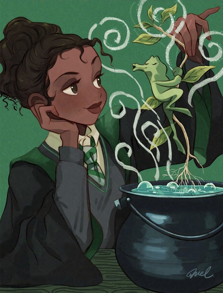 1girl alternate_costume black_hair black_robe brown_eyes cauldron collared_shirt dark-skinned_female dark_skin frog green_necktie grey_sweater highres melchencanto necktie open_clothes open_robe robe shirt signature solo striped_necktie sweater the_princess_and_the_frog tiana_(the_princess_and_the_frog) two-tone_necktie updo upper_body white_shirt