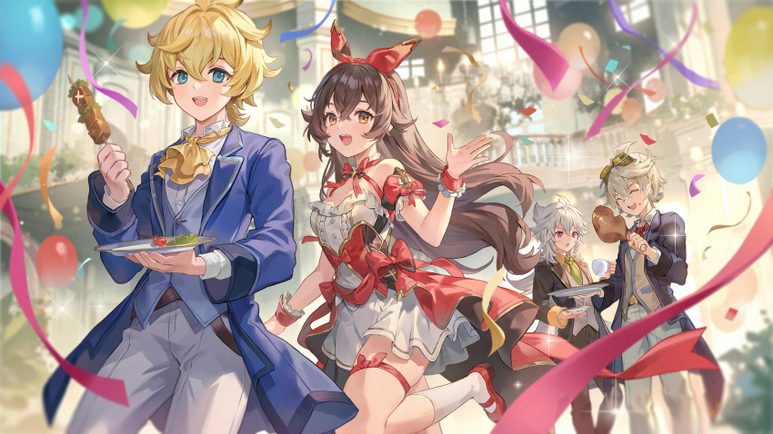 1girl 3boys amber_(genshin_impact) bennett_(genshin_impact) bow brown_hair crossed_bangs detached_sleeves dress dress_bow genshin_impact hair_between_eyes hairband hand_up highres indoors kneehighs long_hair mary_janes mika_(genshin_impact) multiple_boys neck_ribbon open_mouth razor_(genshin_impact) red_bow red_footwear red_hairband red_ribbon ribbon running scrunchie shoes short_sleeves smile socks standing teeth upper_teeth_only white_dress white_socks wrist_scrunchie yellow_eyes yeonwa