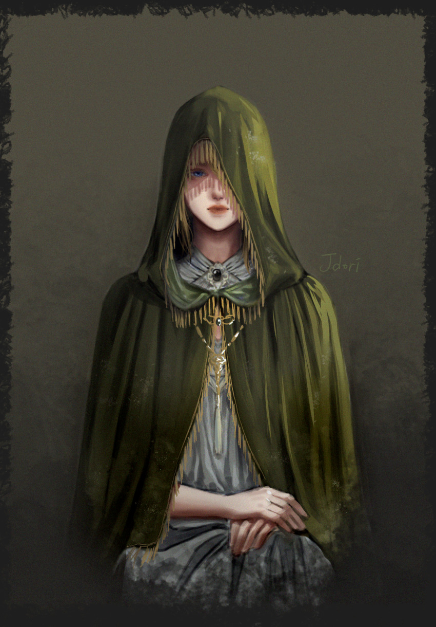 1girl artist_name blue_eyes border brown_background closed_mouth dress elden_ring fia_the_deathbed_companion gem green_border grey_dress highres hood hood_up jdori looking_at_viewer own_hands_together red_lips sitting solo