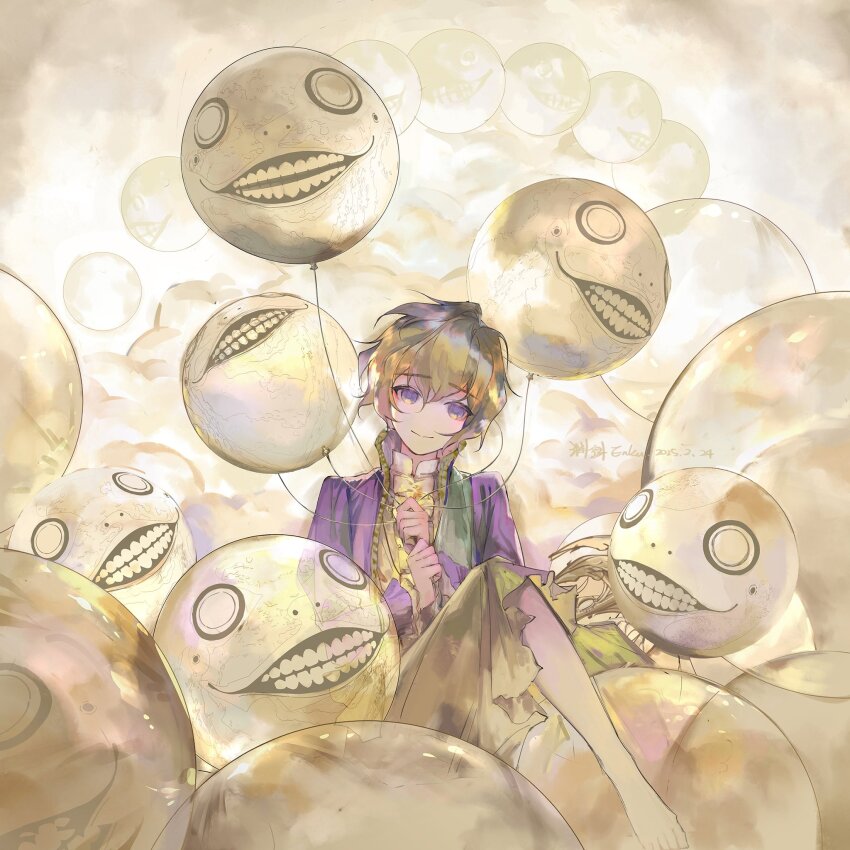 1boy arms_up balloon barefoot bishounen brown_hair closed_mouth collared_jacket collared_shirt commentary_request dated emil_(nier) enmokuritsu-d frilled_sleeves frills hair_between_eyes high_collar highres holding holding_balloon jacket layered_clothes layered_sleeves long_sleeves looking_at_viewer male_focus nier nier_(series) popped_collar purple_eyes purple_jacket shirt short_hair sitting smile solo teeth white_shirt