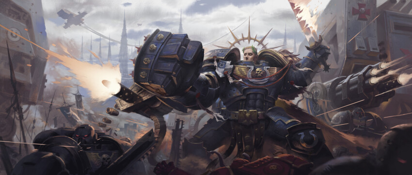 1boy absurdres aquila_(symbol) armor autocannon blonde_hair blue_armor bullet cannon chainsword chinese_commentary commentary flaming_sword flaming_weapon flying flying_vehicle gauntlets gold_trim halo highres holding holding_chainsword imperial_aquila laurel_crown pauldrons power_armor power_fist primarch purity_seal roboute_guilliman short_hair shoulder_armor storm_bolter sword ultramarines wangjiexiang warhammer_40k weapon