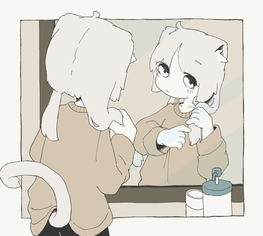 1girl absurdres animal_ear_fluff animal_ears brown_sweater cat_ears cat_girl cat_tail commentary hands_up highres holding holding_own_hair lifted_by_tail limited_palette long_hair long_sleeves low_twintails mirror new_amool original outside_border reflection soap_dispenser solo standing sweater tail twintails