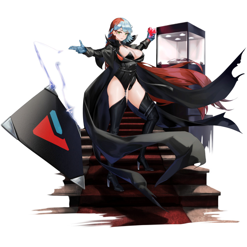 1girl absurdres belt between_breasts black_belt black_boots black_cape black_coat black_leotard black_pasties blue_gloves blue_hair bodysuit bodysuit_under_clothes boots braid breasts buttons cape card card_throwing cleavage coat d-log display_case double-breasted foreshortening framed_breasts full_body gem gloves green_eyes heart heart-shaped_gem high_collar high_heel_boots high_heels highres holding holding_gem knee_boots large_breasts last_origin leotard light_blue_hair light_smile light_trail long_hair looking_at_viewer multicolored_hair multiple_belts neodym official_alternate_costume official_art phantom_thief red_carpet red_hair see-through_bodysuit see-through_clothes side_braid single_braid solo stairs standing tachi-e thigh_belt thigh_strap throwing torn_cape torn_clothes transparent_background two-tone_hair very_long_hair