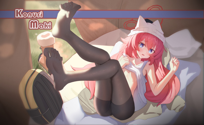 1girl absurdres backpack bag beanie blue_archive blue_eyes blush boots feet feet_up hat highres long_hair looking_at_viewer lying maki_(blue_archive) maki_(camp)_(blue_archive) on_back open_mouth pantyhose red_hair shoes soles taichi_suzuki tent tent_interior toes unworn_boots unworn_shoes