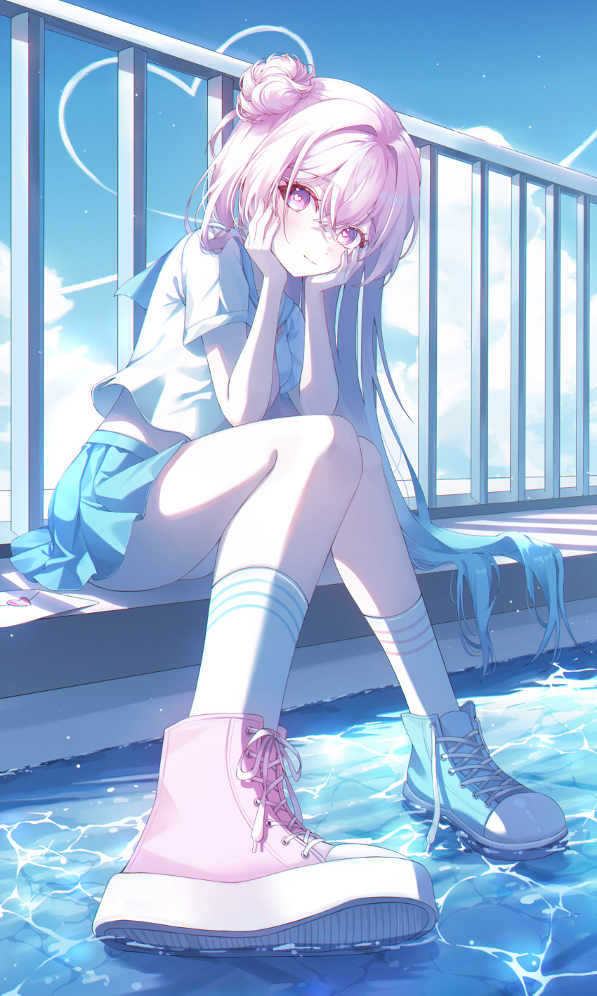 1girl absurdres asymmetrical_footwear asymmetrical_hair blue_hair blue_sailor_collar blue_skirt blue_sky blush boots closed_mouth cloud confession contrail fence foreshortening full_body hair_bun hands_on_own_cheeks hands_on_own_face hands_up head_tilt heart heart_in_eye high_tops highres hoyo_illust iron_fence knees_together_feet_apart knees_up legs letter light_blush long_hair looking_at_viewer love_letter midriff_peek mismatched_footwear multicolored_hair on_rooftop original pink_boots pink_eyes pink_hair pleated_skirt rooftop sailor_collar school_uniform serafuku shadow shirt shoe_soles shoes short_sleeves sitting skirt sky sneakers socks solo star_(sky) symbol_in_eye thighhighs very_long_hair water white_shirt white_socks
