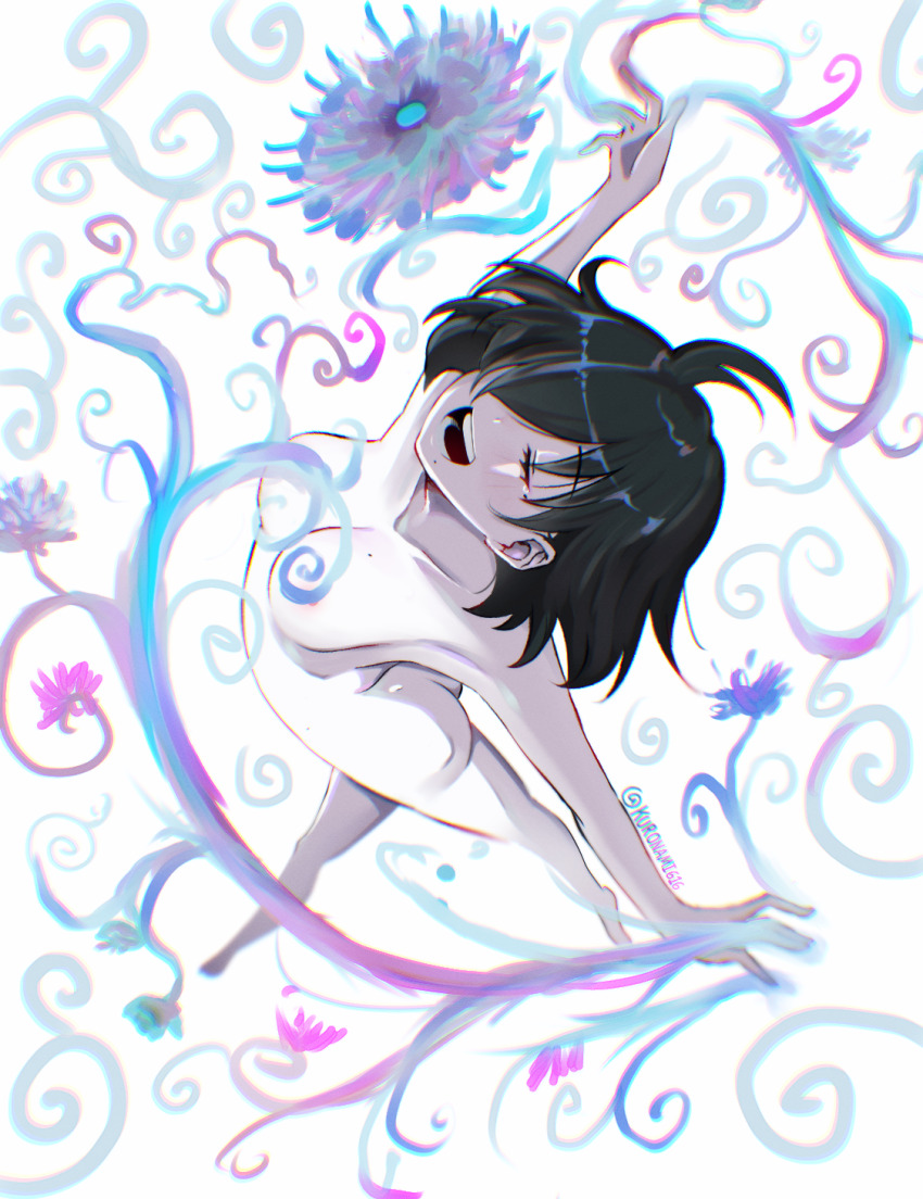 1girl ass black_hair breasts closed_eyes covered_erect_nipples hair_over_one_eye happy highres kuronami616 mole mole_on_breast mole_under_eye mole_under_mouth nude open_mouth original simple_background solo tears