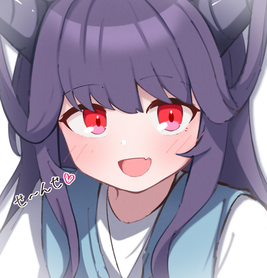 1girl black_hair black_horns blue_archive blue_dress blush commentary_request demon_girl demon_horns dress fang fuuka_(blue_archive) fuuka_(casual)_(blue_archive) hair_on_horn highres horns long_hair looking_at_viewer moko_sha_(wao_ko) official_alternate_costume official_alternate_hairstyle open_mouth red_eyes shirt skin_fang smile solo translation_request upper_body white_background white_shirt
