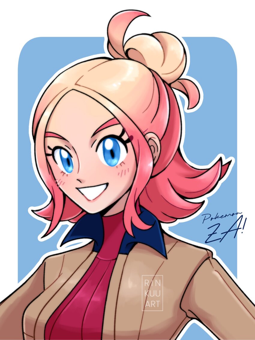 1girl absurdres blonde_hair blue_eyes blush collared_jacket game_freak gradient_hair highres jacket mismatched_eyebrows multicolored_hair nintendo open_mouth pink_eyebrows pokemon pokemon_legends:_z-a rinkuu_art smile solo taunie_(pokemon) turtleneck two-tone_hair upper_body