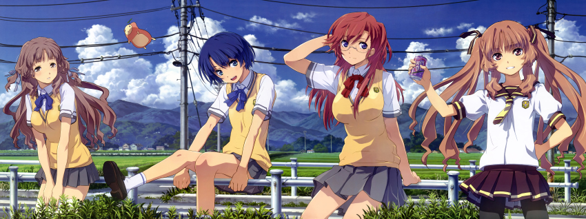 4girls absurdres ano_natsu_de_matteru blue_eyes blue_hair breasts brown_eyes brown_hair can cloud day drink glasses green_eyes hand_on_own_hip highres huge_filesize incredibly_absurdres kitahara_mio large_breasts legs long_hair multiple_girls pantyhose power_lines ribbon rinon_(ano_natsu_de_matteru) school_uniform serafuku short_hair skirt sky smile socks sweater_vest takatsuki_ichika tanigawa_kanna thighhighs third-party_edit twintails uon_taraku yamano_remon
