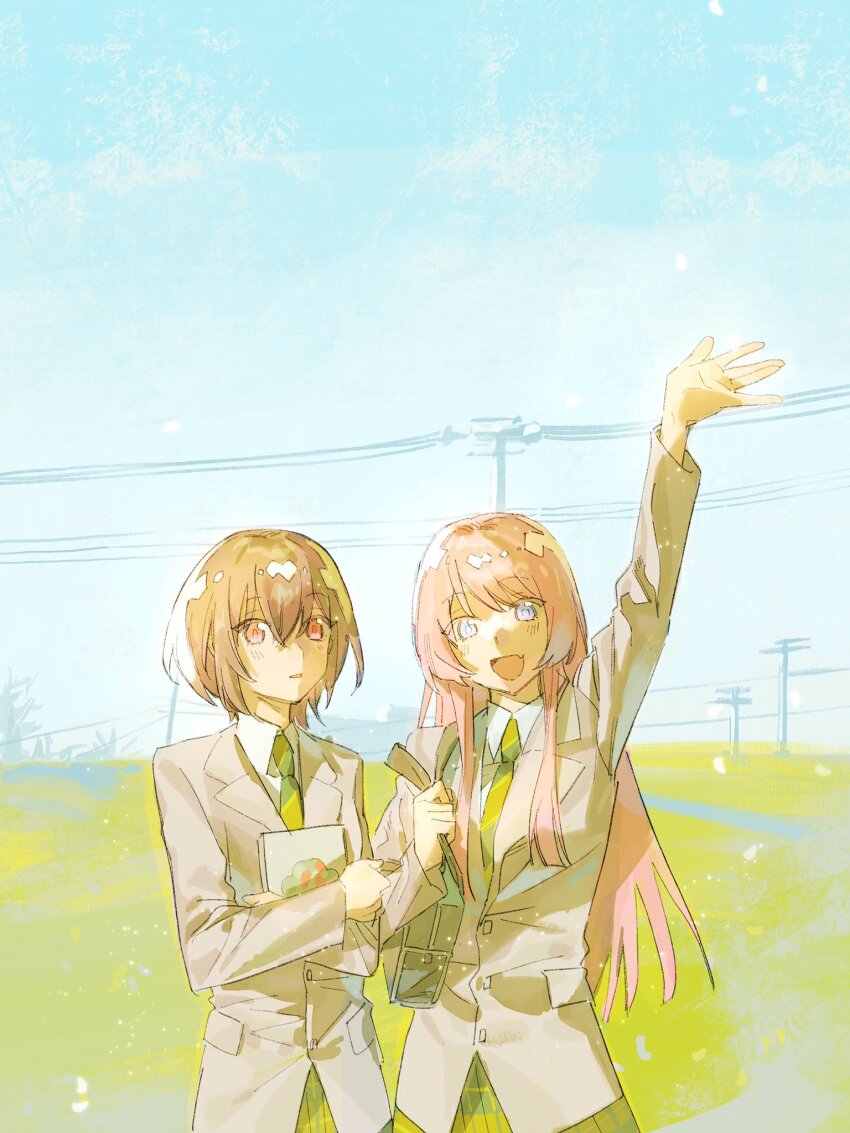 2girls :d arm_up bag bang_dream! bang_dream!_it&#039;s_mygo!!!!! blazer blue_eyes blue_sky blunt_sidelocks brown_hair buttons chihaya_anon collared_shirt cowboy_shot crossed_bangs diagonal-striped_clothes diagonal-striped_necktie fang grass green_necktie green_skirt grey_jacket hair_between_eyes haneoka_school_uniform hashtag-only_commentary highres holding holding_notebook hugging_object jacket lapels light_blush long_hair long_sidelocks long_sleeves multiple_girls necktie notebook open_mouth outstretched_arm parted_lips pink_hair plaid_clothes plaid_skirt pocket power_lines red_eyes school_bag school_uniform shirt short_hair side-by-side sidelocks skin_fang skirt sky smile striped_clothes swept_bangs takamatsu_tomori transmission_tower white_shirt xianzhaosketch ||/