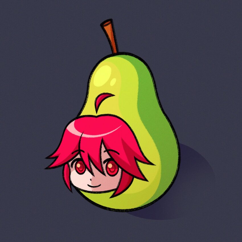 1girl ahoge closed_mouth commentary cryptidhermit detached_ahoge english_commentary food fruit full_body grey_background highres kasane_teto looking_at_viewer pear pearto red_hair short_hair simple_background smile solo utau