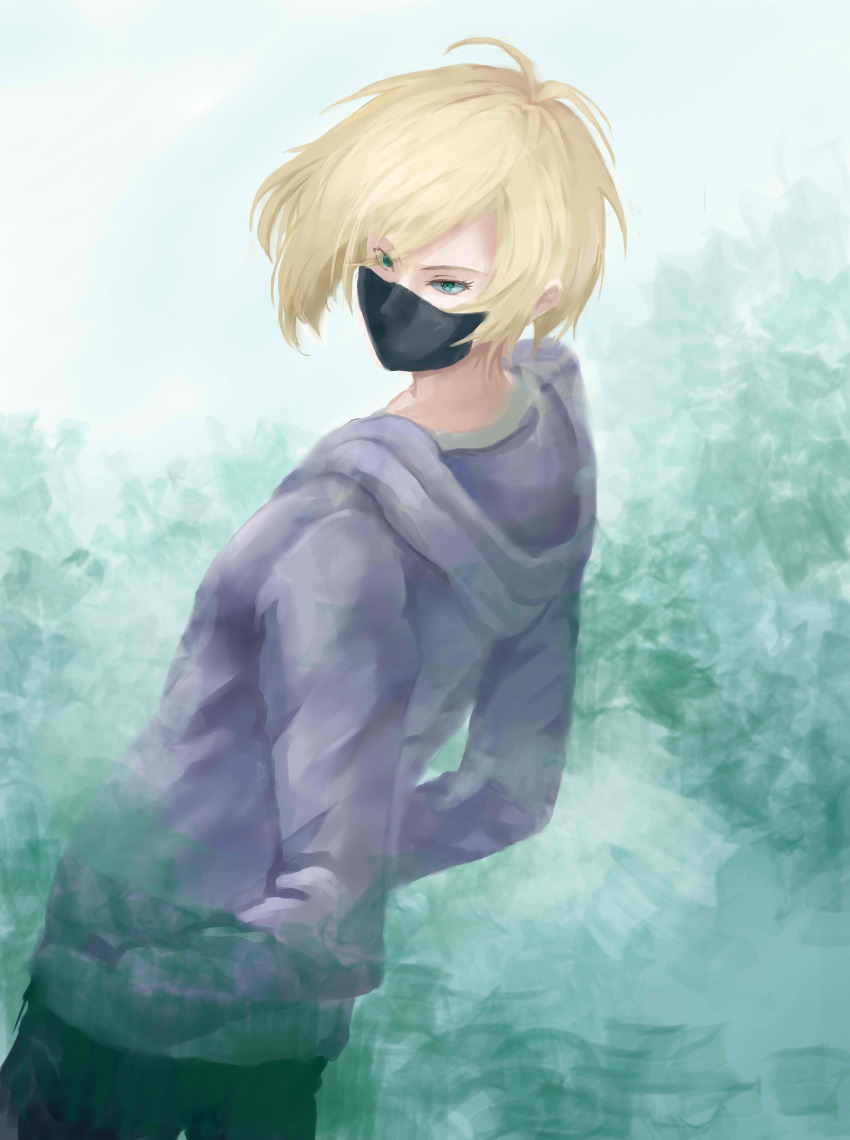 1boy absurdres blonde_hair highres hood hoodie male_focus mask mouth_mask solo touchika yuri!!!_on_ice yuri_plisetsky