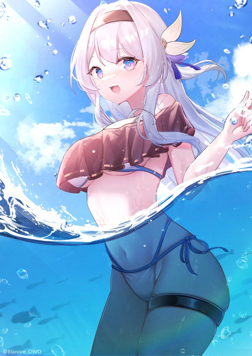 1girl absurdres bikini brown_hairband bubble cloud cloudy_sky commentary elanore firefly_(honkai:_star_rail) fish frilled_bikini_top grey_hair hair_intakes hair_ornament hair_ribbon hairband highres honkai:_star_rail honkai_(series) in_water open_mouth ribbon sky smile string_bikini swimsuit thigh_strap twitter_username
