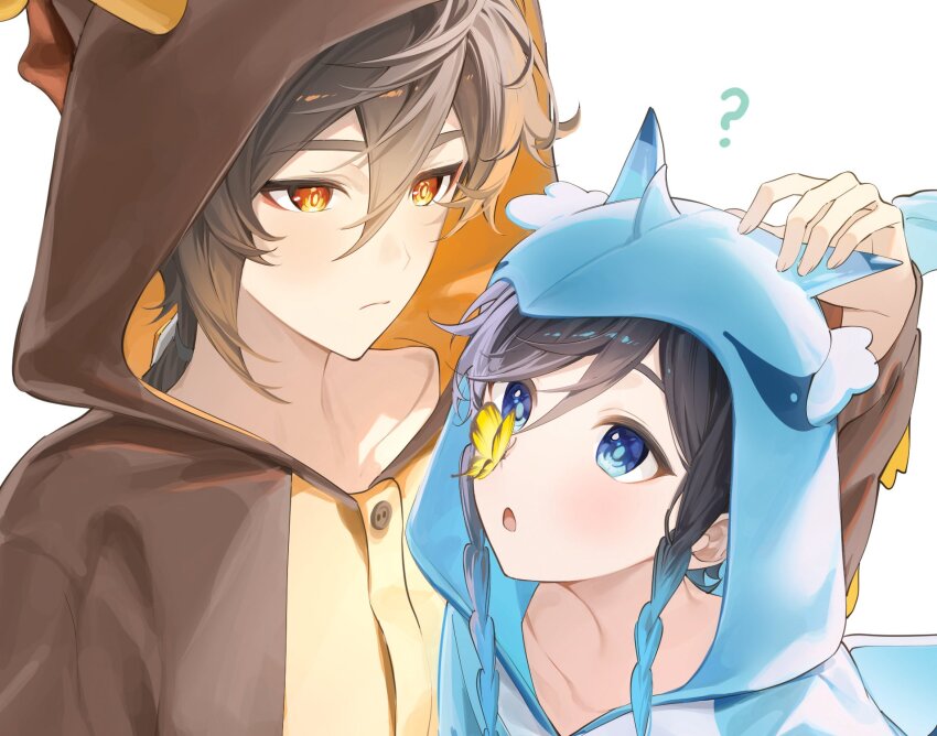 2boys :o ? animal_costume animal_ears aqua_hair azhdaha_(genshin_impact) azhdaha_(genshin_impact)_(cosplay) black_hair blue_hair blue_hood blush braid brown_hair brown_hood bug butterfly butterfly_on_nose closed_mouth cosplay dragon_costume dragon_ears dragon_horns dvalin_(genshin_impact) dvalin_(genshin_impact)_(cosplay) genshin_impact gradient_hair hair_between_eyes highres hood hood_up horns insect kkopoli long_hair long_sleeves male_focus multicolored_hair multiple_boys open_mouth orange_eyes ponytail short_hair twin_braids venti_(genshin_impact) white_background yaoi zhongli_(genshin_impact)